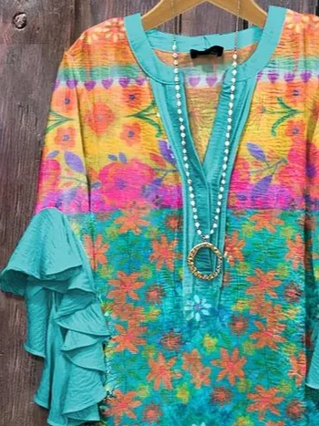 V Neck Half Sleeve Floral Printing Regular Loose Shirt For Women