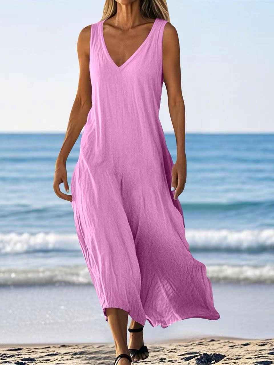 Women Plain Summer Dress V Neck Sleeveless A-Line Dress