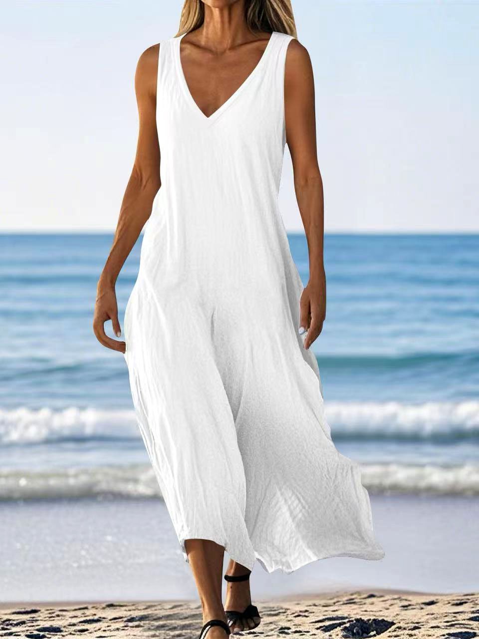 Women Plain Summer Dress V Neck Sleeveless A-Line Dress
