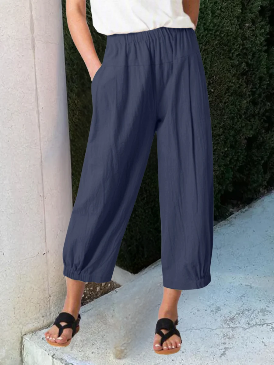 Women Plain Ankle Pants Elastic Waist Pants Casual Spring/Fall Trousers