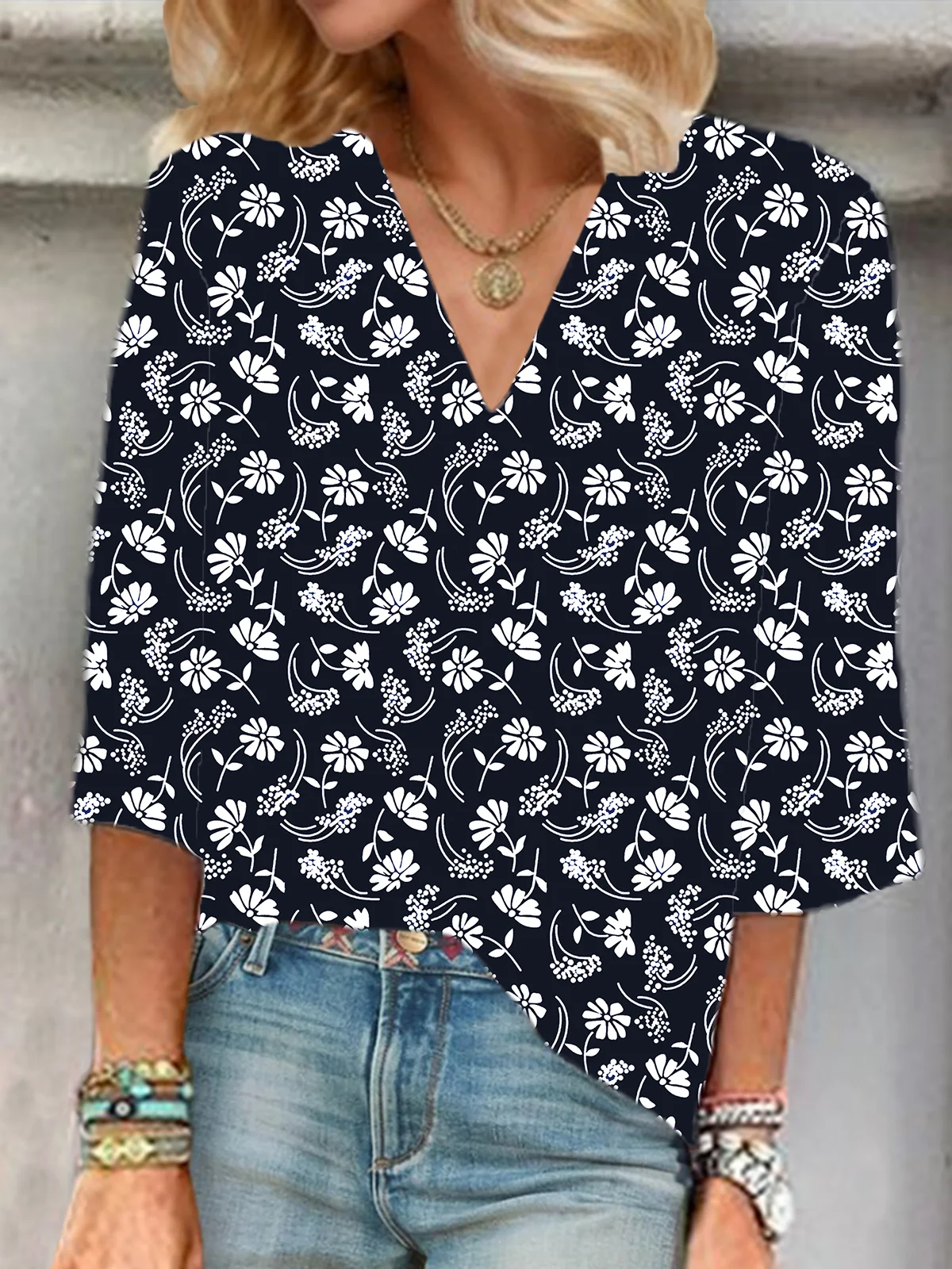 Shawl Collar Half Sleeve Floral Regular Loose Blouse For Women