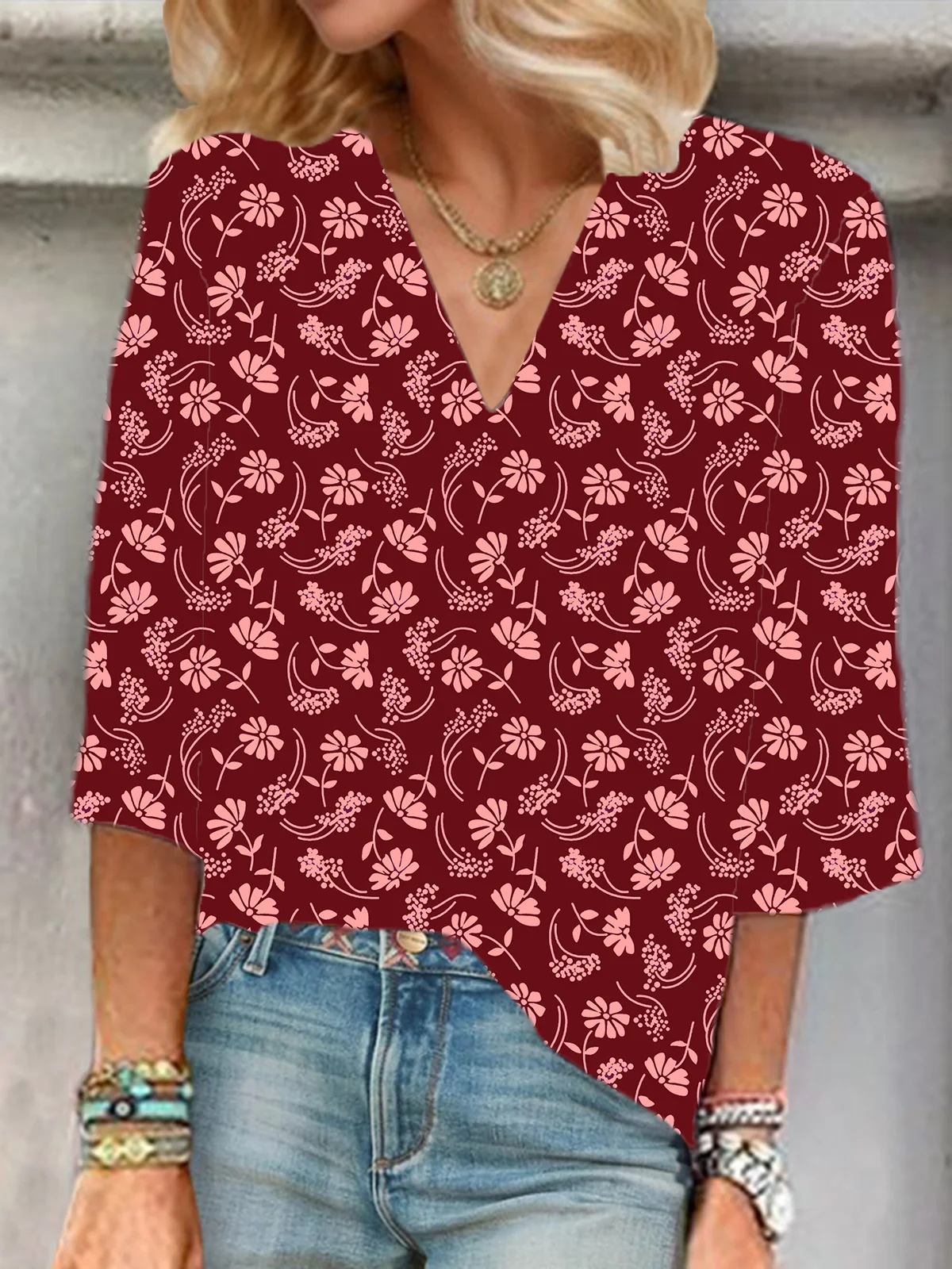 Shawl Collar Half Sleeve Floral Regular Loose Blouse For Women