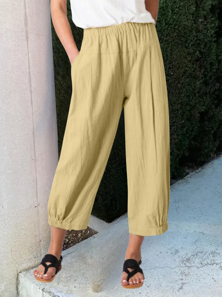 Women Plain Ankle Pants Elastic Waist Pants Casual Spring/Fall Trousers