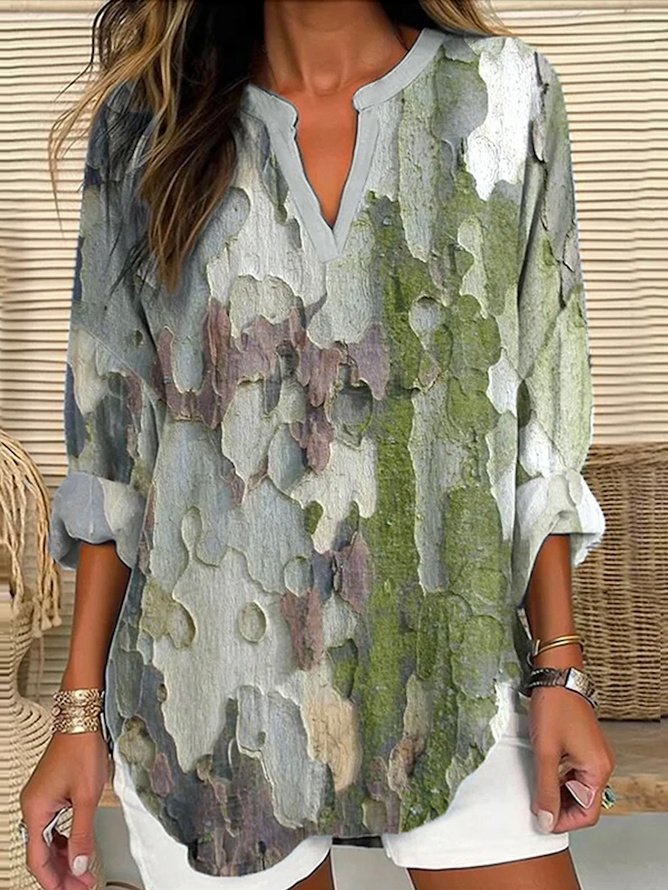 V Neck Long Sleeve Geometric Regular Micro-Elasticity Regular Fit Shirt For Women