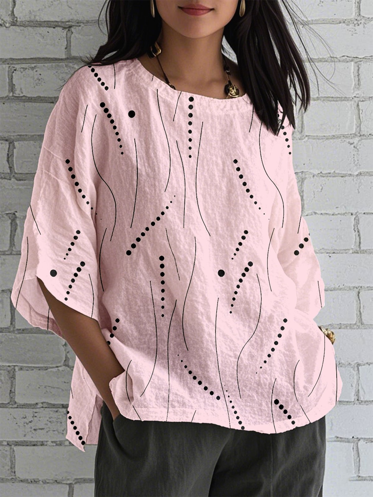 Crew Neck Half Sleeve Striped Lightweight Loose Shirt For Women