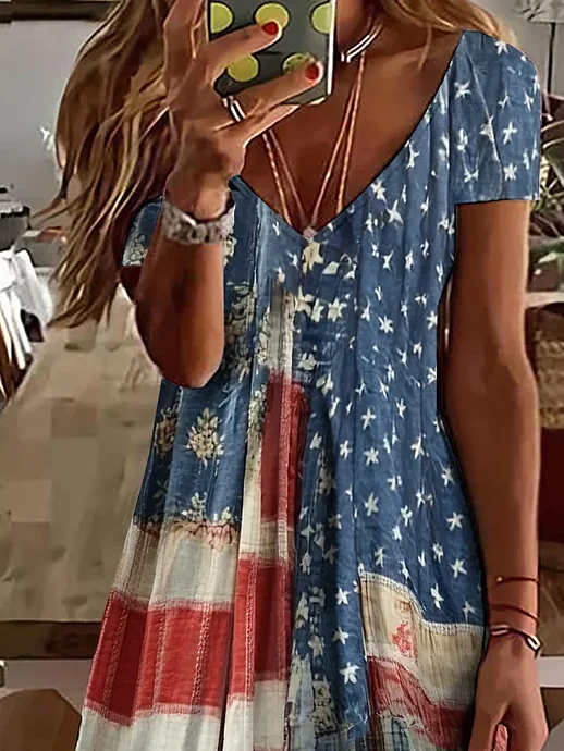 Women Independence Day (Flag) Summer Printing Dress V Neck Short Sleeve Classic A-Line Dress