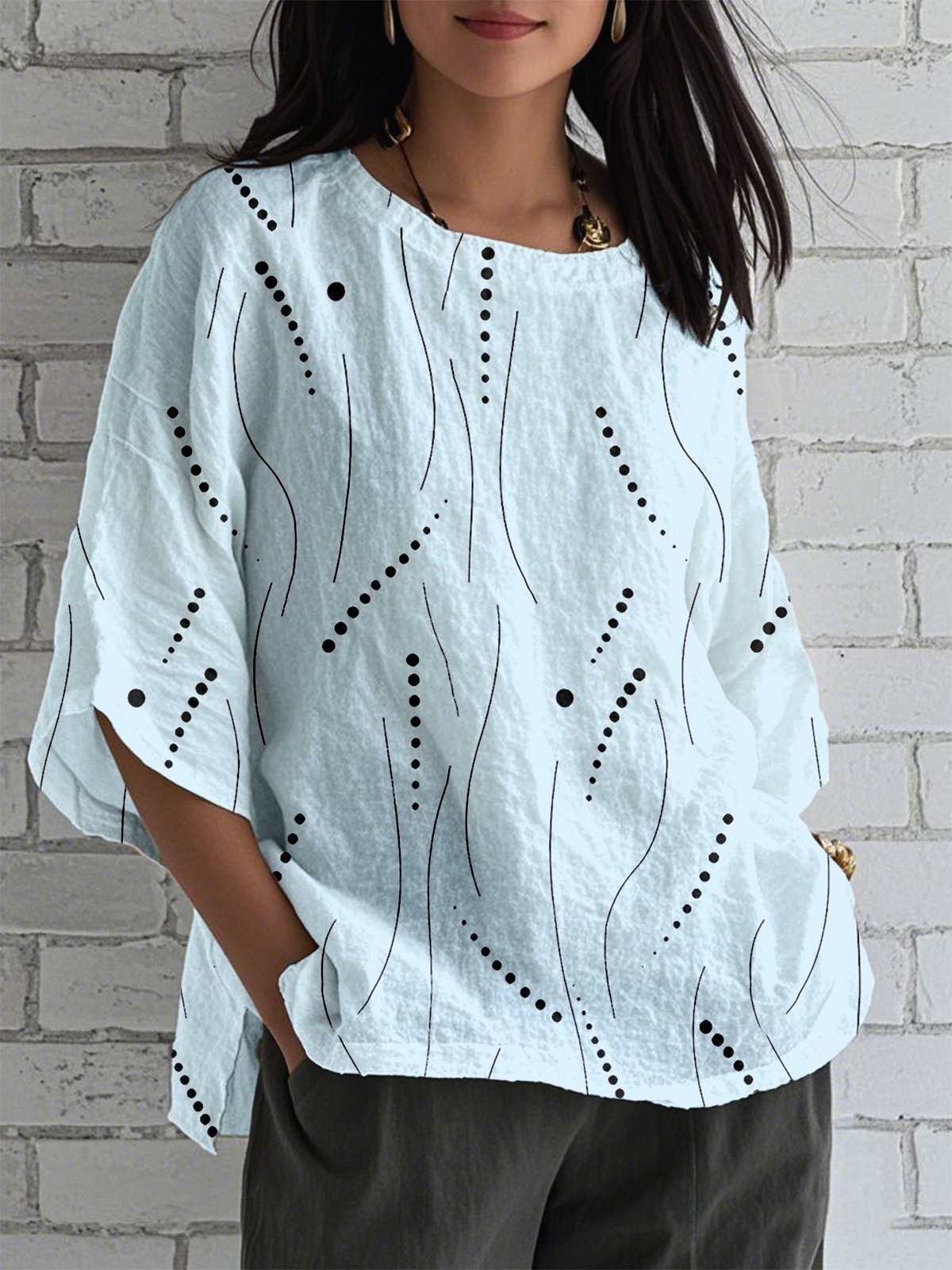 Crew Neck Half Sleeve Striped Lightweight Loose Shirt For Women