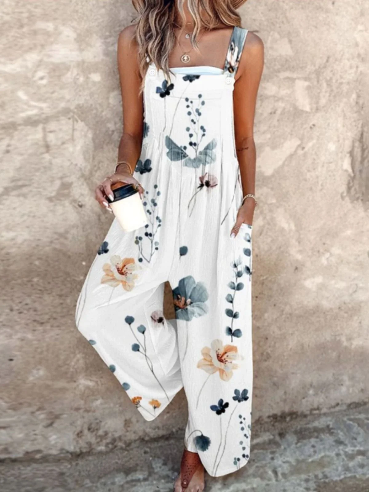 Breezy Plant Floral Print Sleeveless Cotton And Linen Jumpsuit