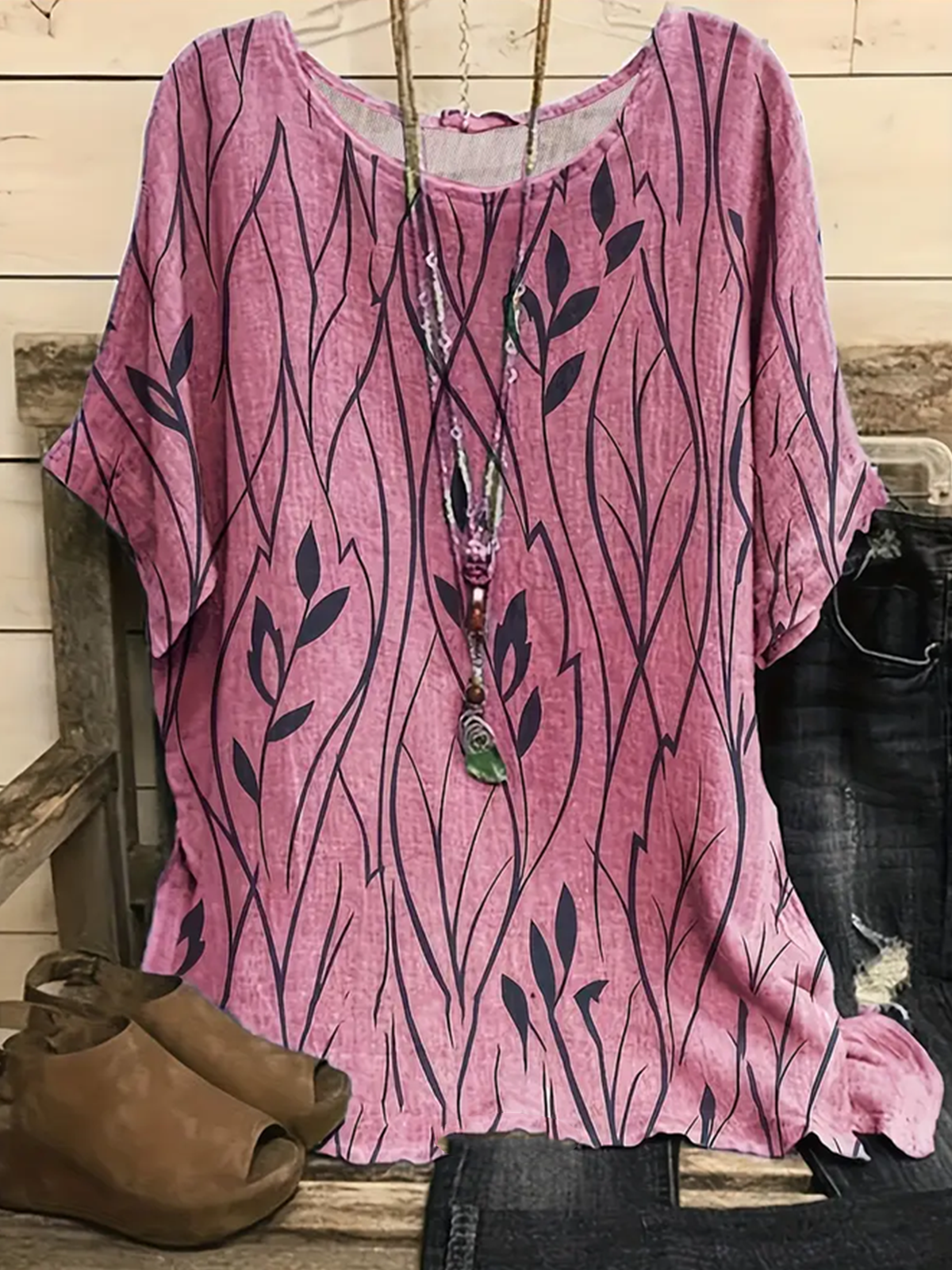 Vintage Plants Crew Neck Three Quarter Sleeve T-shirt