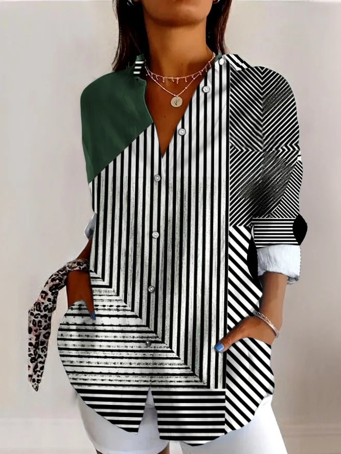 V Neck Long Sleeve Geometric Regular Micro-Elasticity Regular Fit Shirt For Women