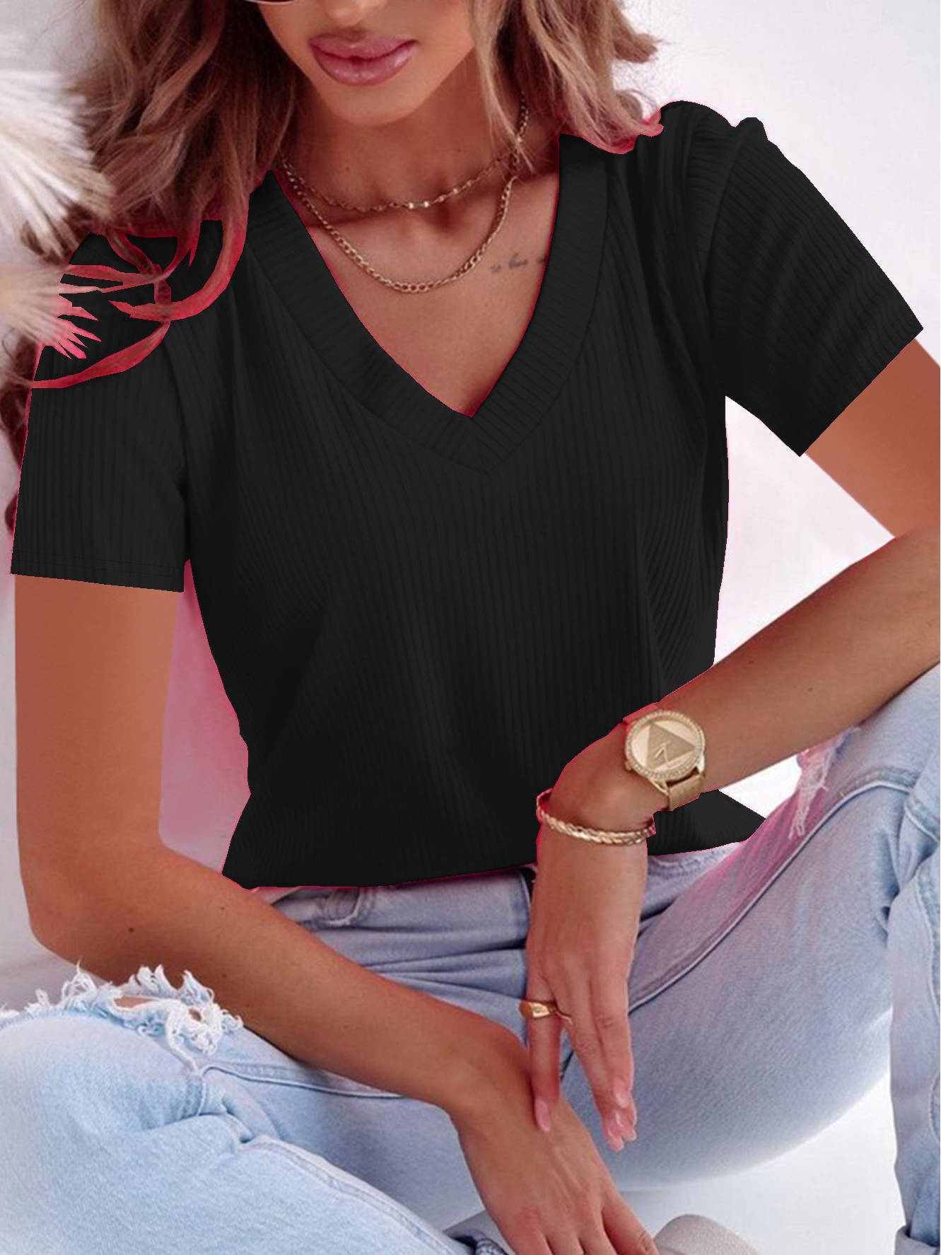 Casual Plain V Neck Short Sleeve T-shirt