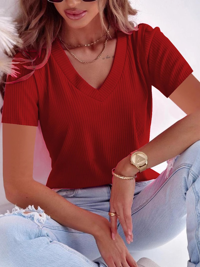 Casual Plain V Neck Short Sleeve T-shirt