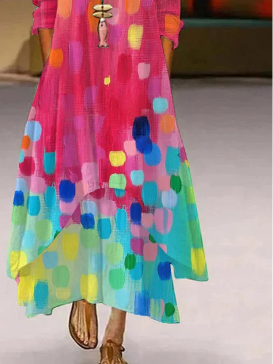 Women Gradient Pattern Summer Dress Crew Neck Long Sleeve Shirt Dress A-Line Dress