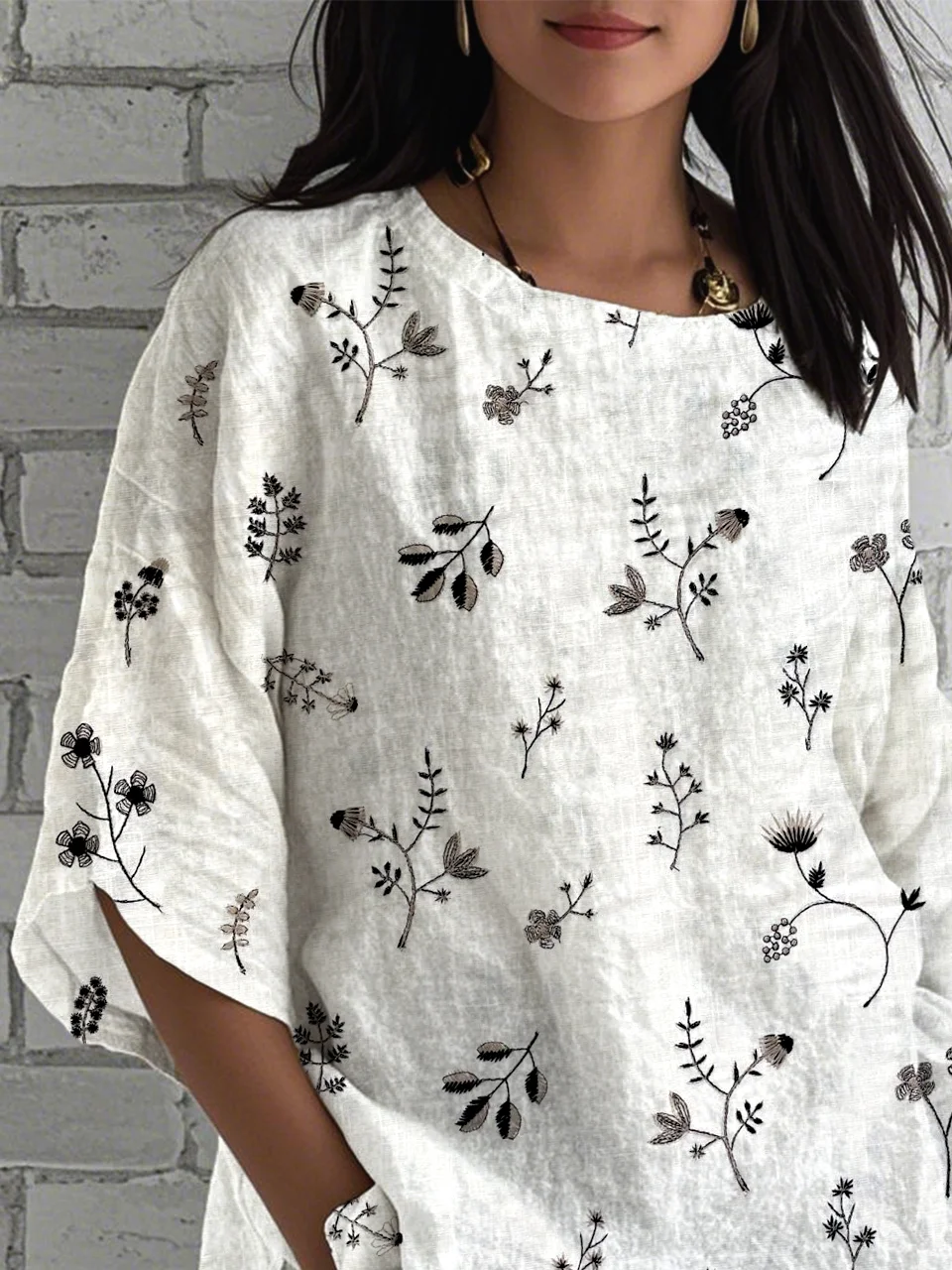 Crew Neck Half Sleeve Floral Lightweight Loose Shirt For Women