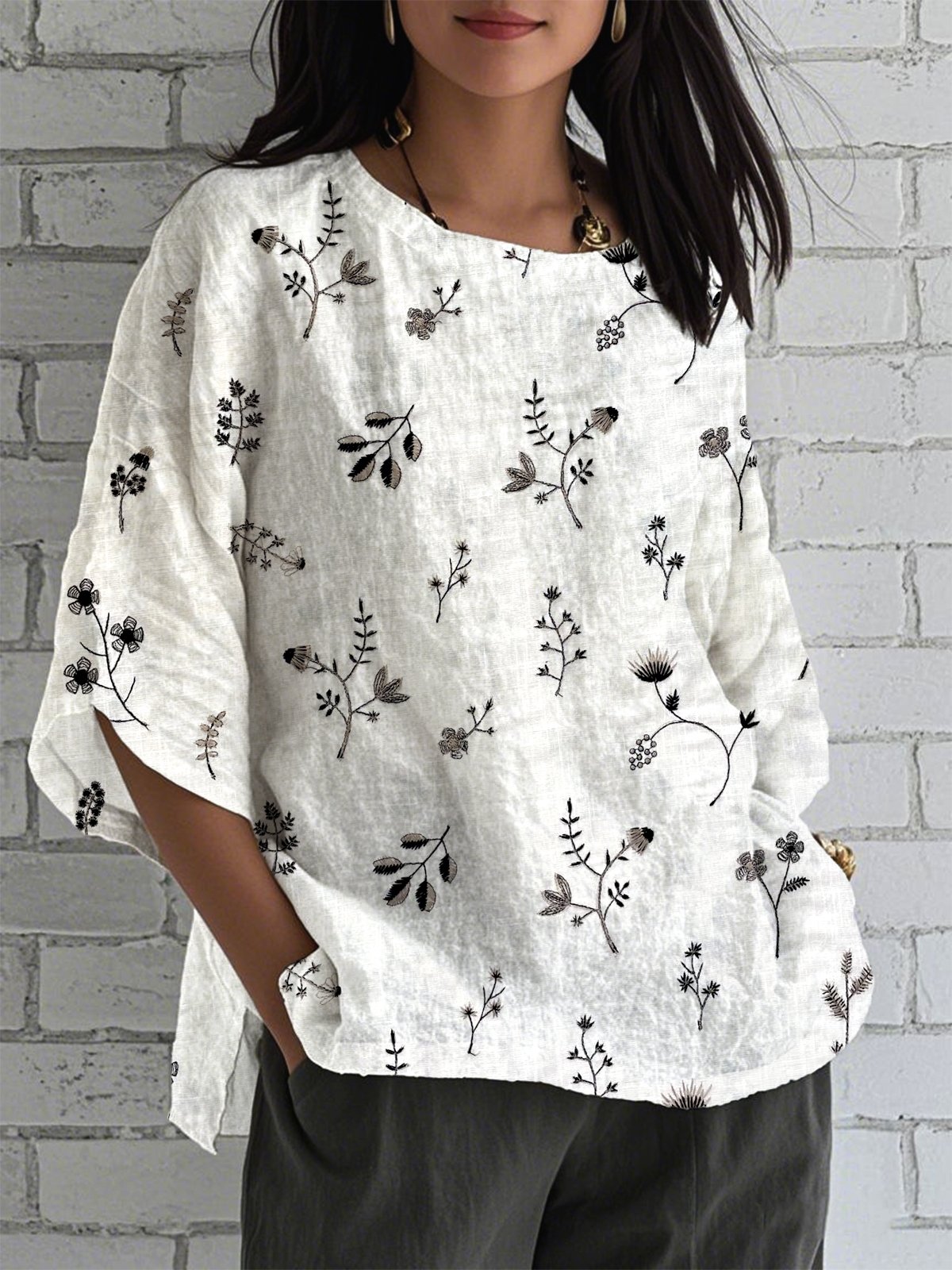 Crew Neck Half Sleeve Floral Lightweight Loose Shirt For Women