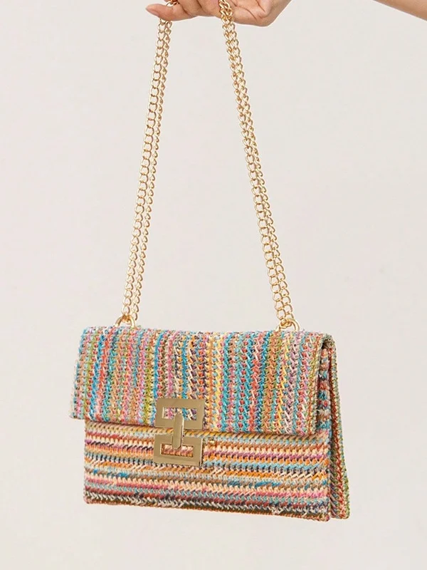 Holiday Style Multi-compartment Metal Chain Flip Cover Twist Lock Straw Bag Shoulder Bag Chain Lock Women Bag