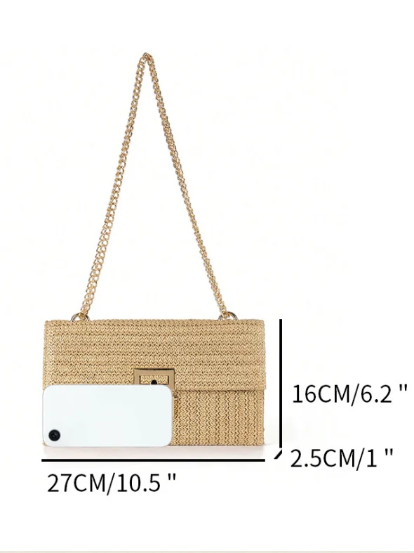 Holiday Style Multi-compartment Metal Chain Flip Cover Twist Lock Straw Bag Shoulder Bag Chain Lock Women Bag