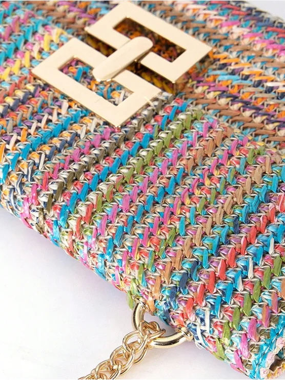 Holiday Style Multi-compartment Metal Chain Flip Cover Twist Lock Straw Bag Shoulder Bag Chain Lock Women Bag