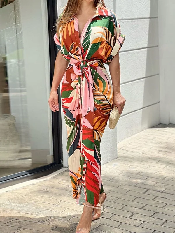 Women Floral Summer Printing Dress Shirt Collar Half Sleeve Hip Skirt A-Line Dress