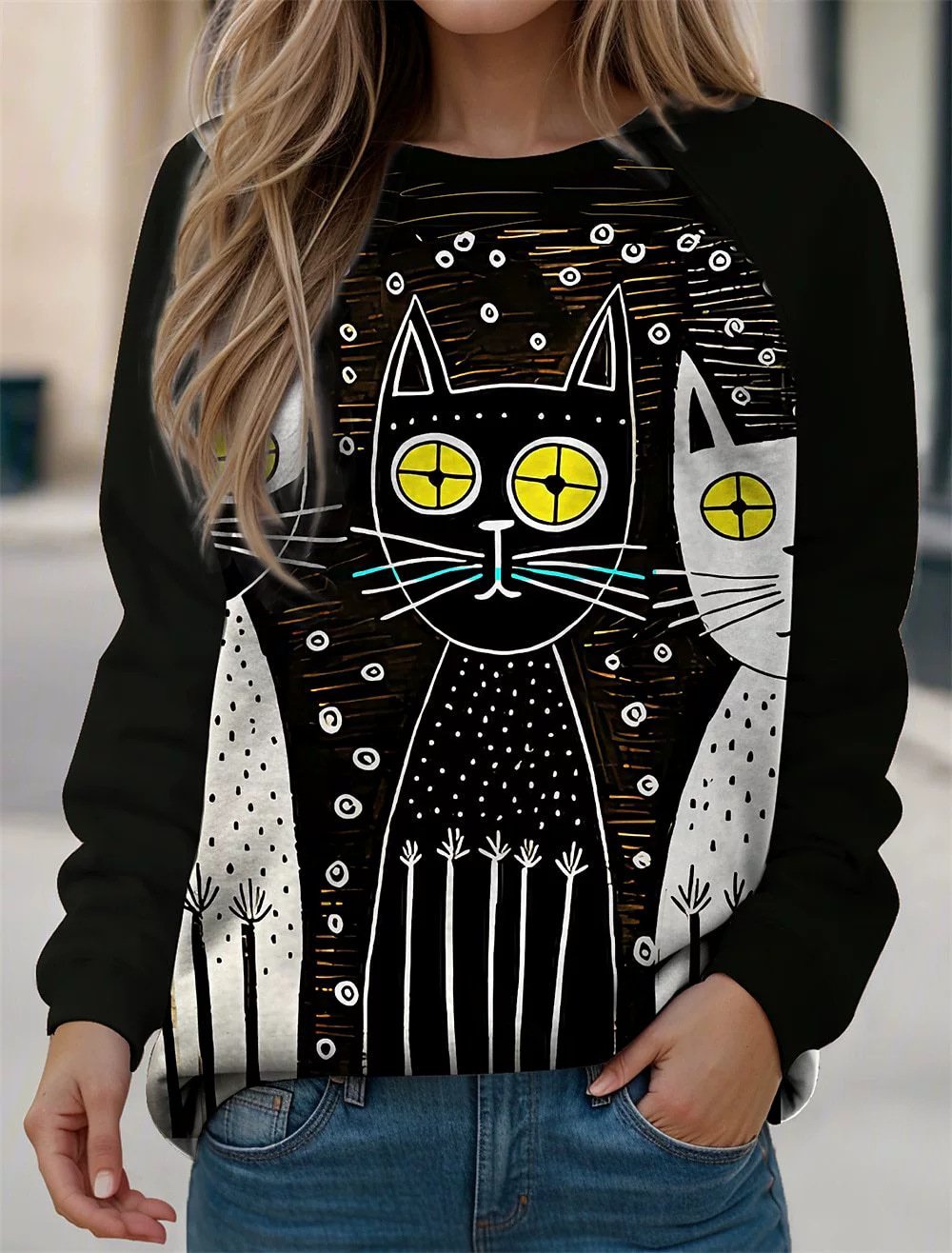 Casual Crew Neck Cat Sweatshirt