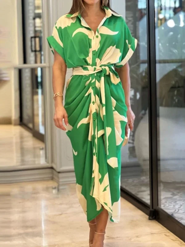 Women Floral Summer Printing Dress Shirt Collar Half Sleeve Hip Skirt A-Line Dress