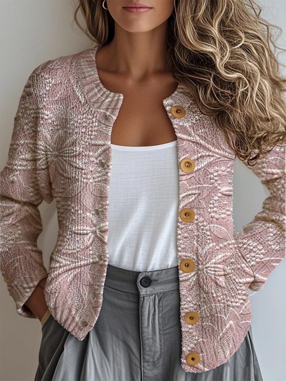 Women Knitted 3D Printing Long Sleeve Comfy Vintage Cardigan