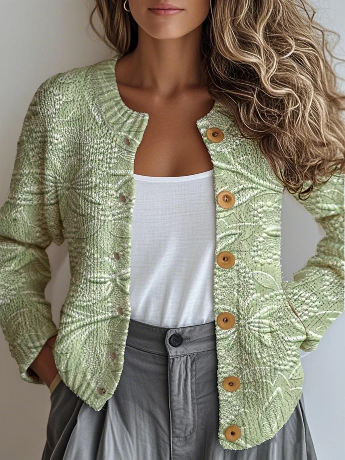 Women Knitted 3D Printing Long Sleeve Comfy Vintage Cardigan
