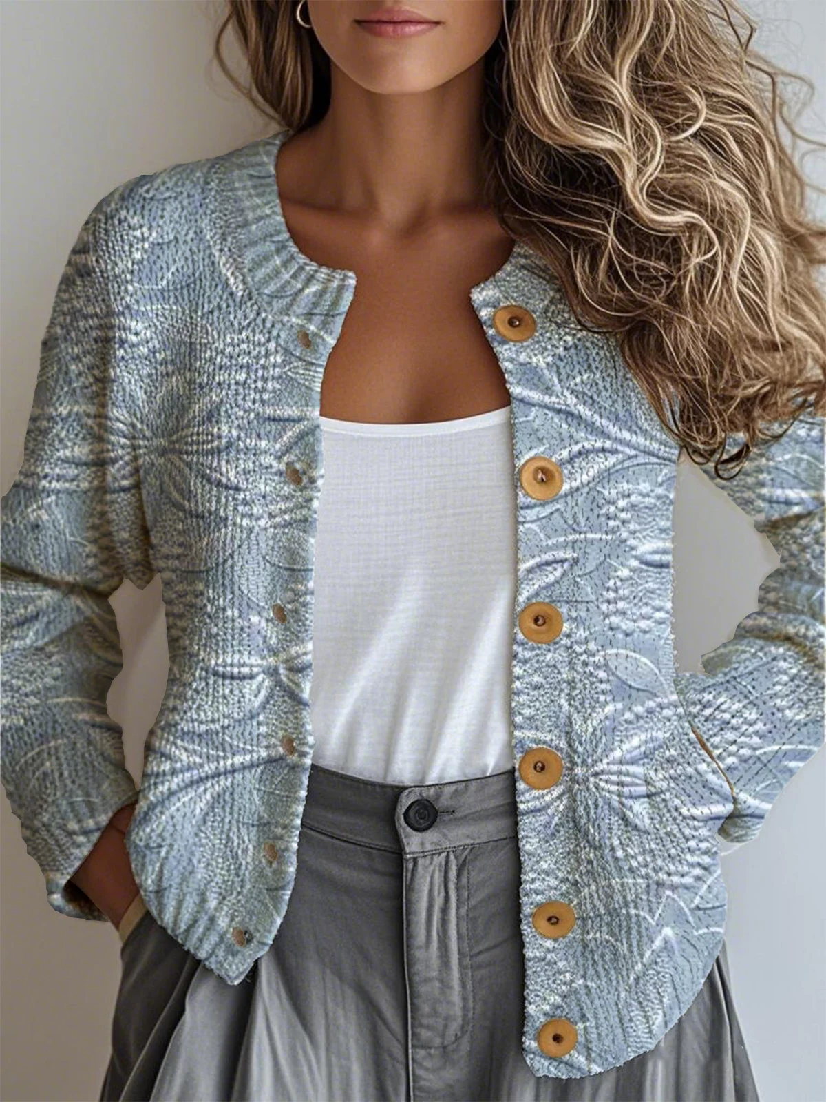 Women Knitted 3D Printing Long Sleeve Comfy Vintage Cardigan