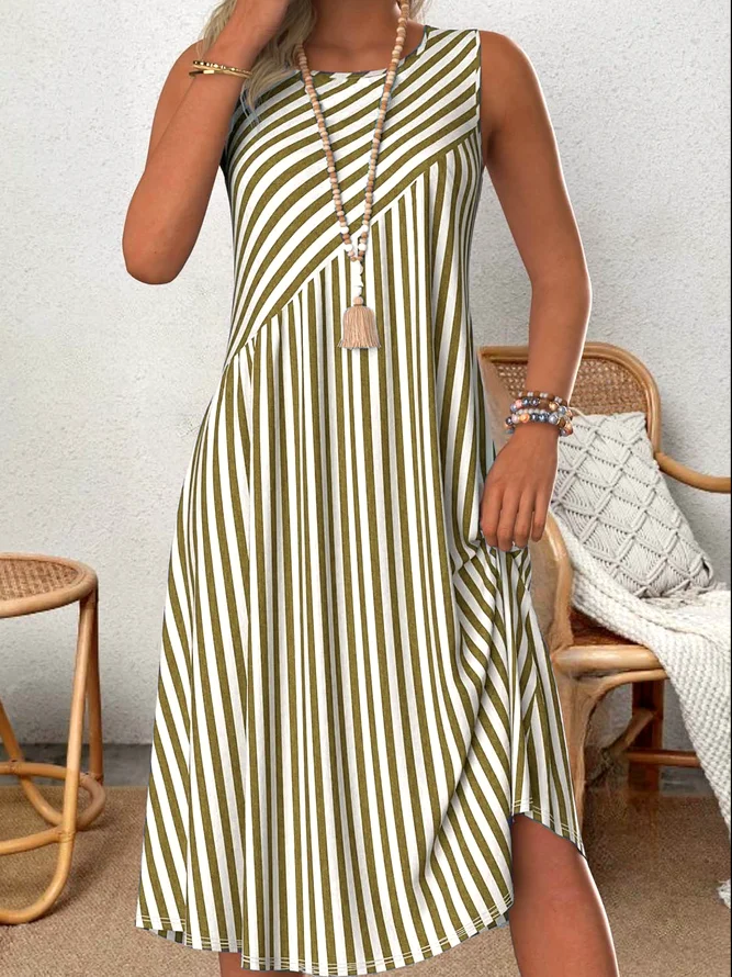 Women Striped Crew Neck Sleeveless Comfy Casual Midi Dress