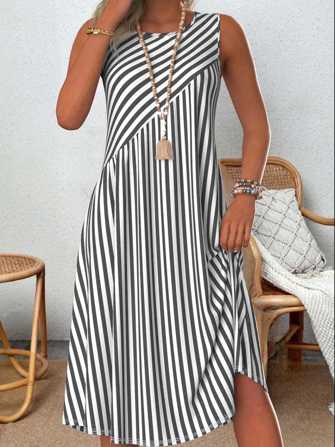Women Striped Crew Neck Sleeveless Comfy Casual Midi Dress