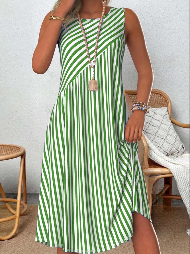 Women Striped Crew Neck Sleeveless Comfy Casual Midi Dress