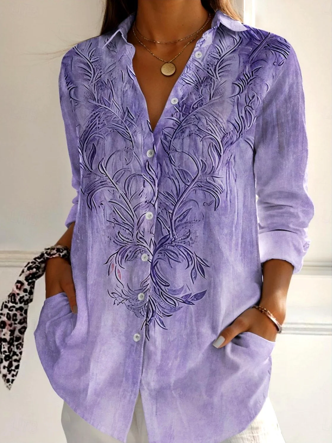 Shirt Collar Long Sleeve Gradient Pattern Regular Loose Shirt For Women