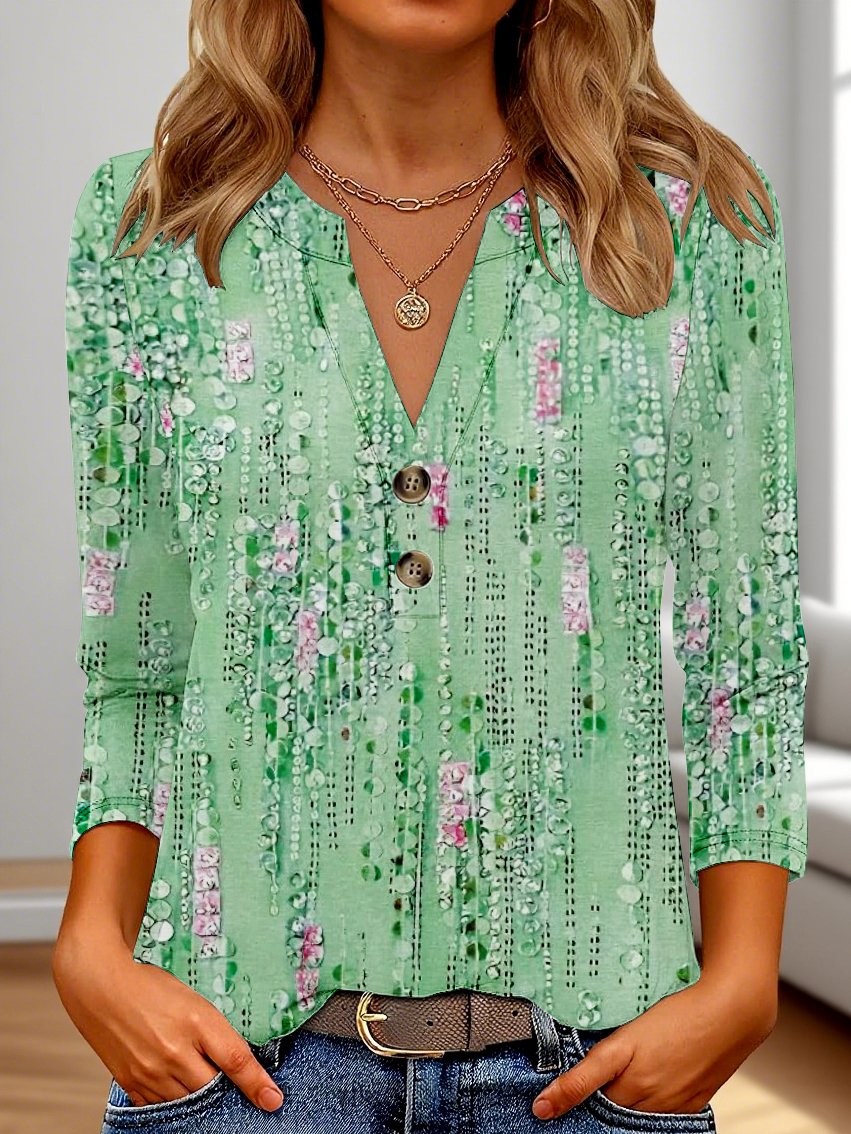 Casual Floral V Neck Three Quarter Sleeve T-shirt