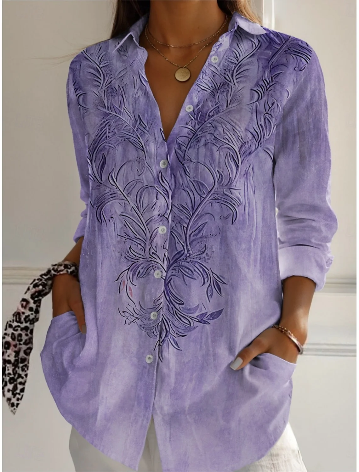 Shirt Collar Long Sleeve Gradient Pattern Regular Loose Shirt For Women