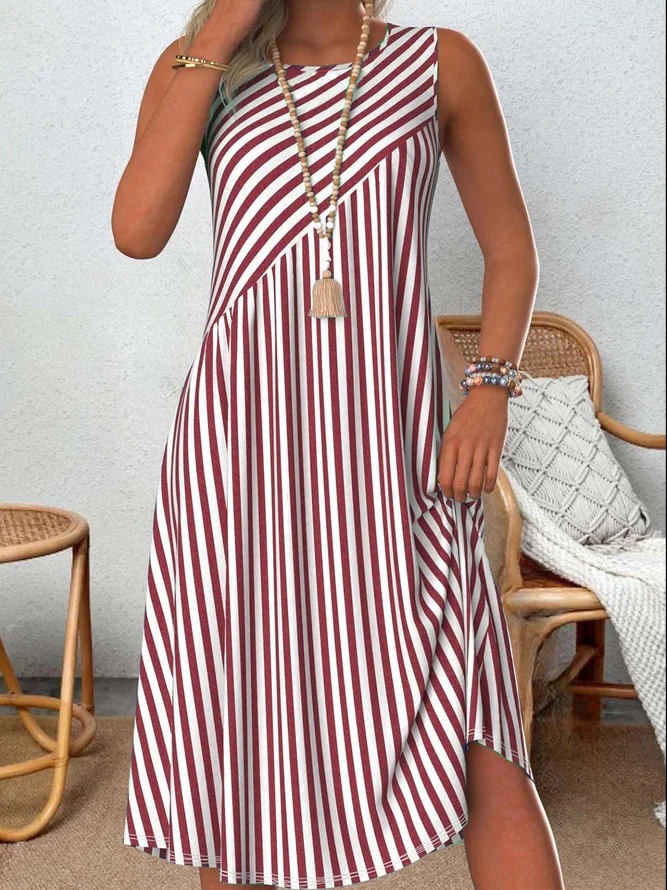 Women Striped Crew Neck Sleeveless Comfy Casual Midi Dress