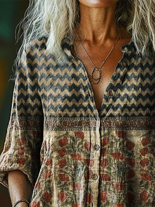 Stand Collar Half Sleeve Striped Regular Loose Shirt For Women