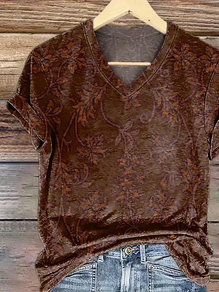 Casual Floral V Neck Short Sleeve T-shirt