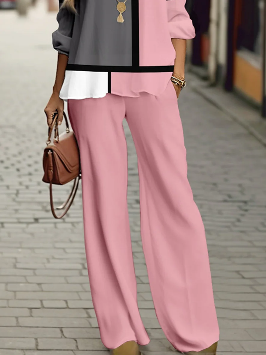 Women Abstract Graphic Crew Neck Long Sleeve Comfy Casual Pocket Stitching Top With Pants Two-Piece Set