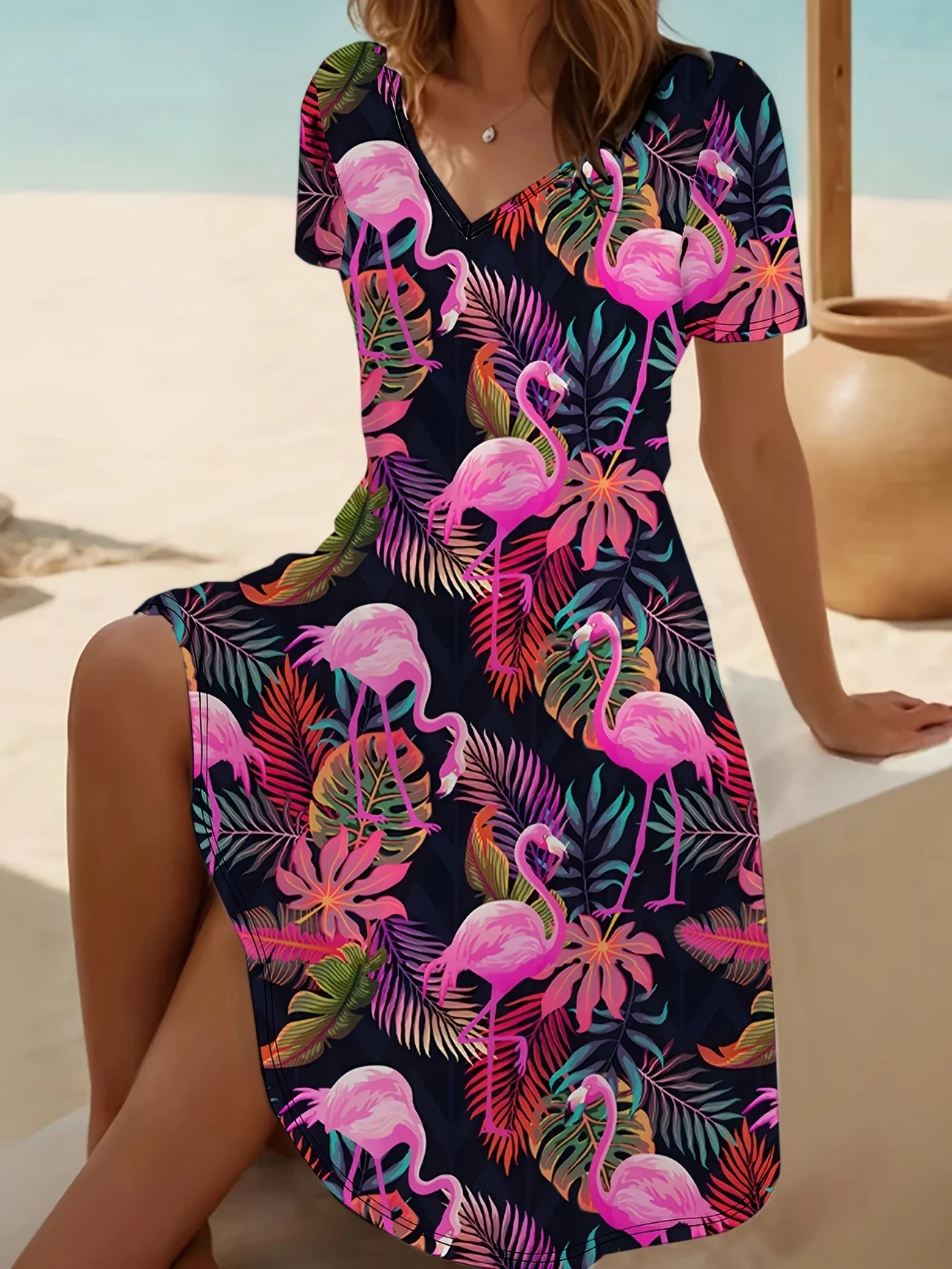 Women Flamingo Summer Printing Dress V Neck Short Sleeve Fit & Flare Dress A-Line Dress