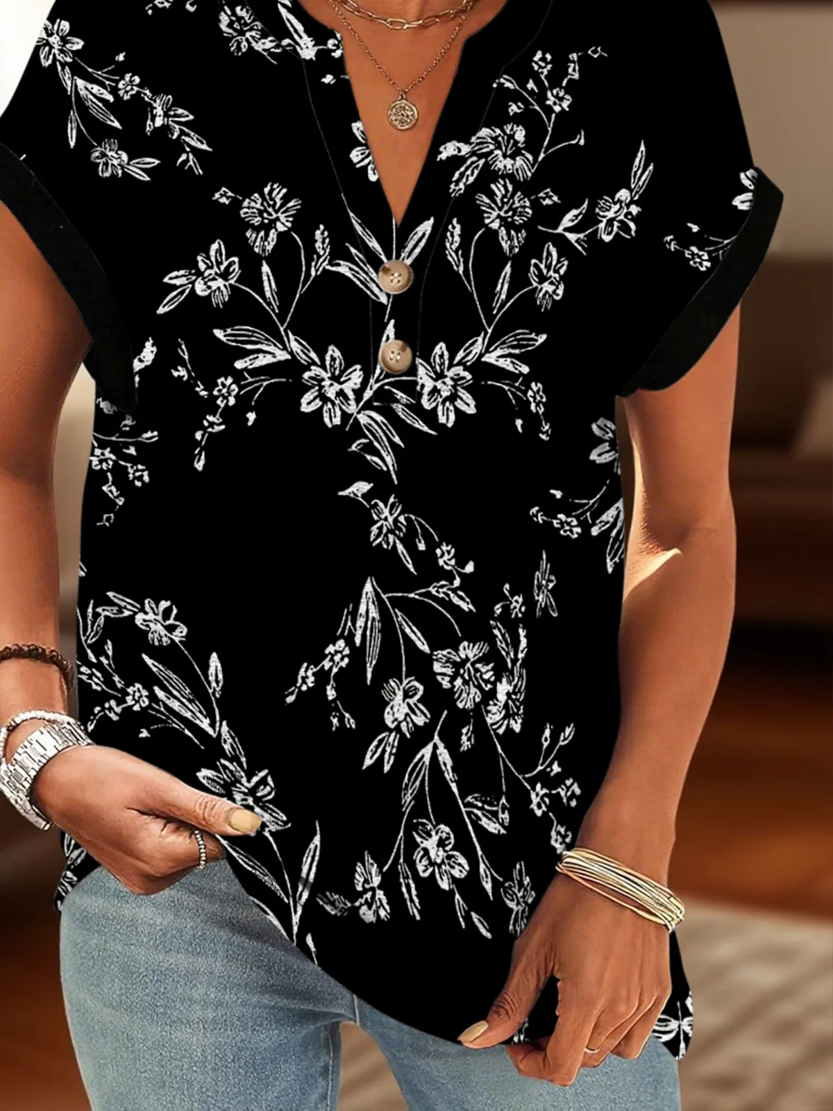 Casual Floral V Neck Short Sleeve T-shirt