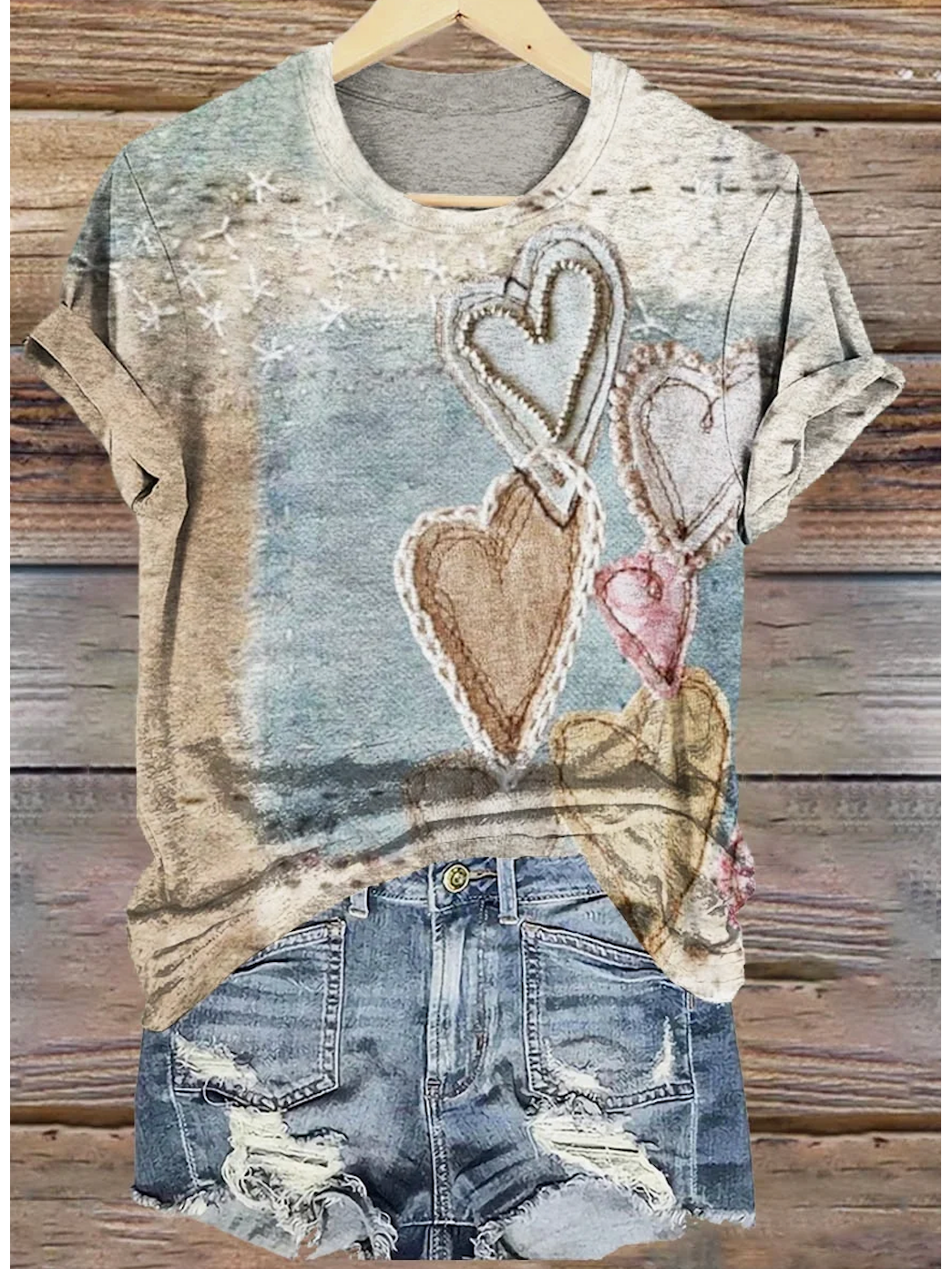 Vintage Love Heart Print Crew Neck Short Sleeve T-shirt