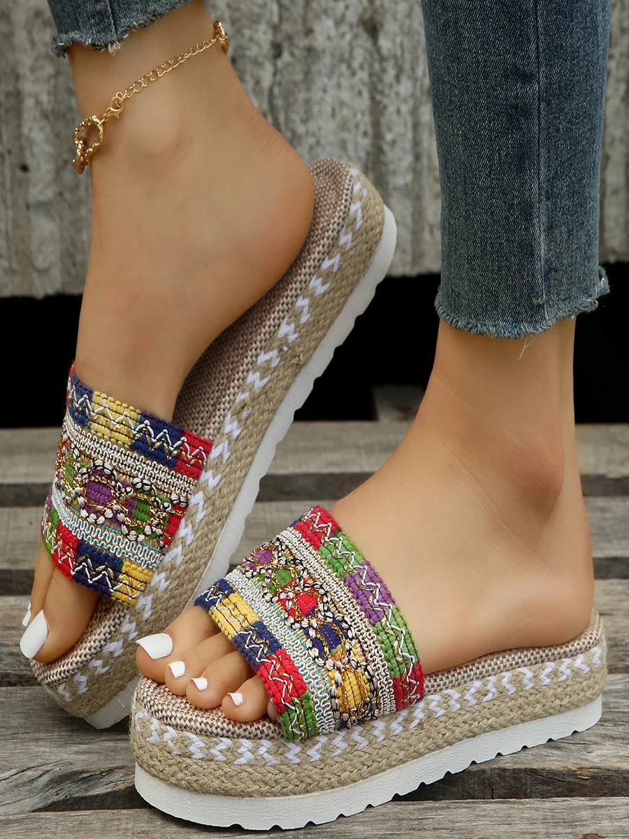Vintage Geometric Breathable Slip On Flat Heel Slide Sandals Embroidery
