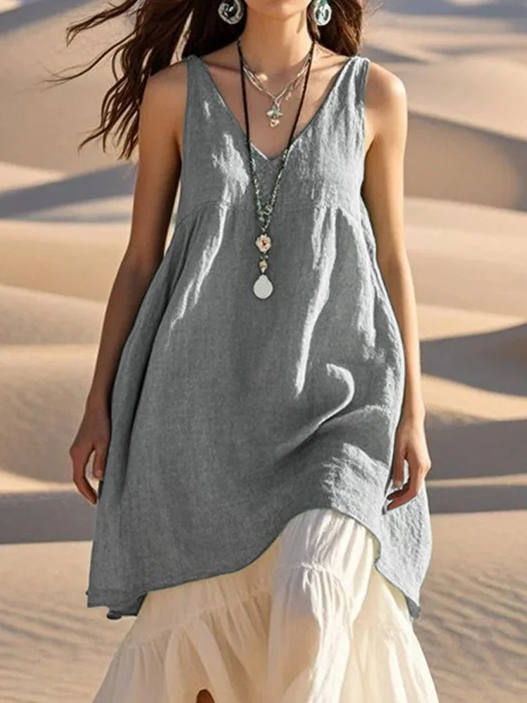 V Neck Sleeveless Plain Pullover Lightweight Loose Blouse For Women
