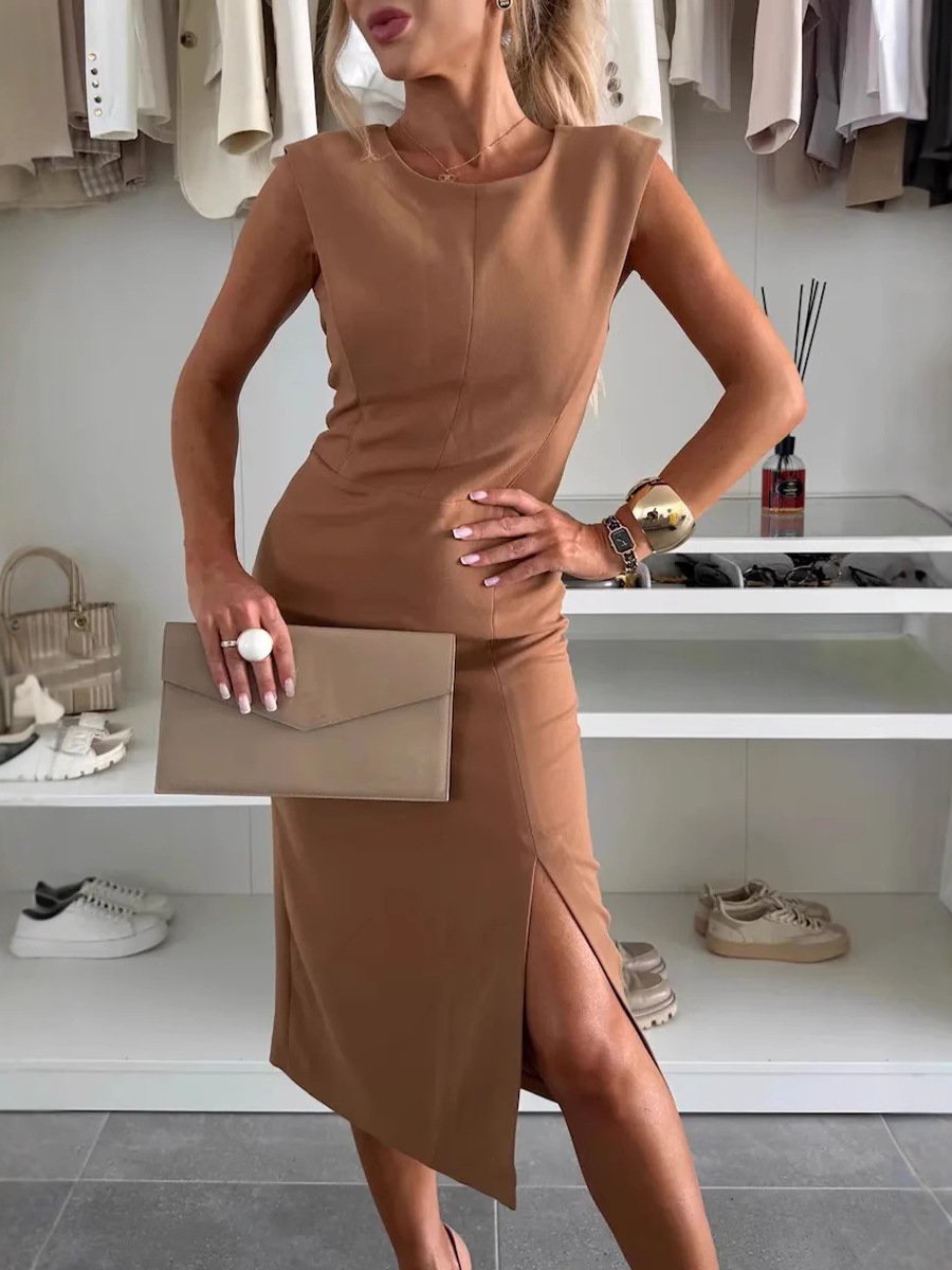 Women Plain Summer Split Joint Dress Crew Neck Short Sleeve Tank A-Line Dress