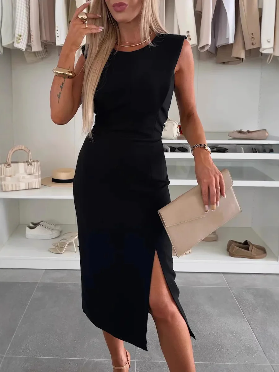 Women Plain Summer Split Joint Dress Crew Neck Short Sleeve Tank A-Line Dress