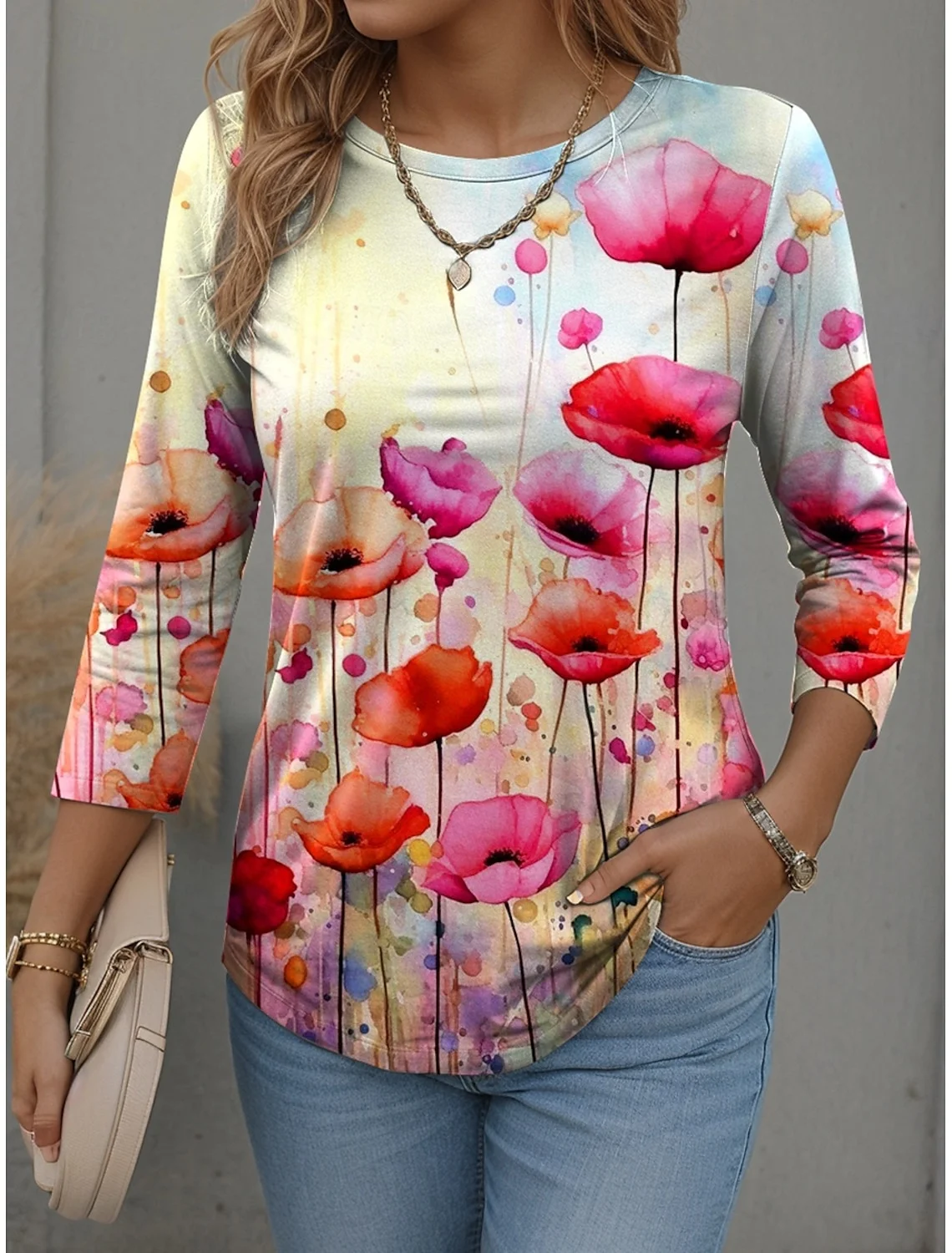 Casual Floral Crew Neck Long Sleeve T-shirt