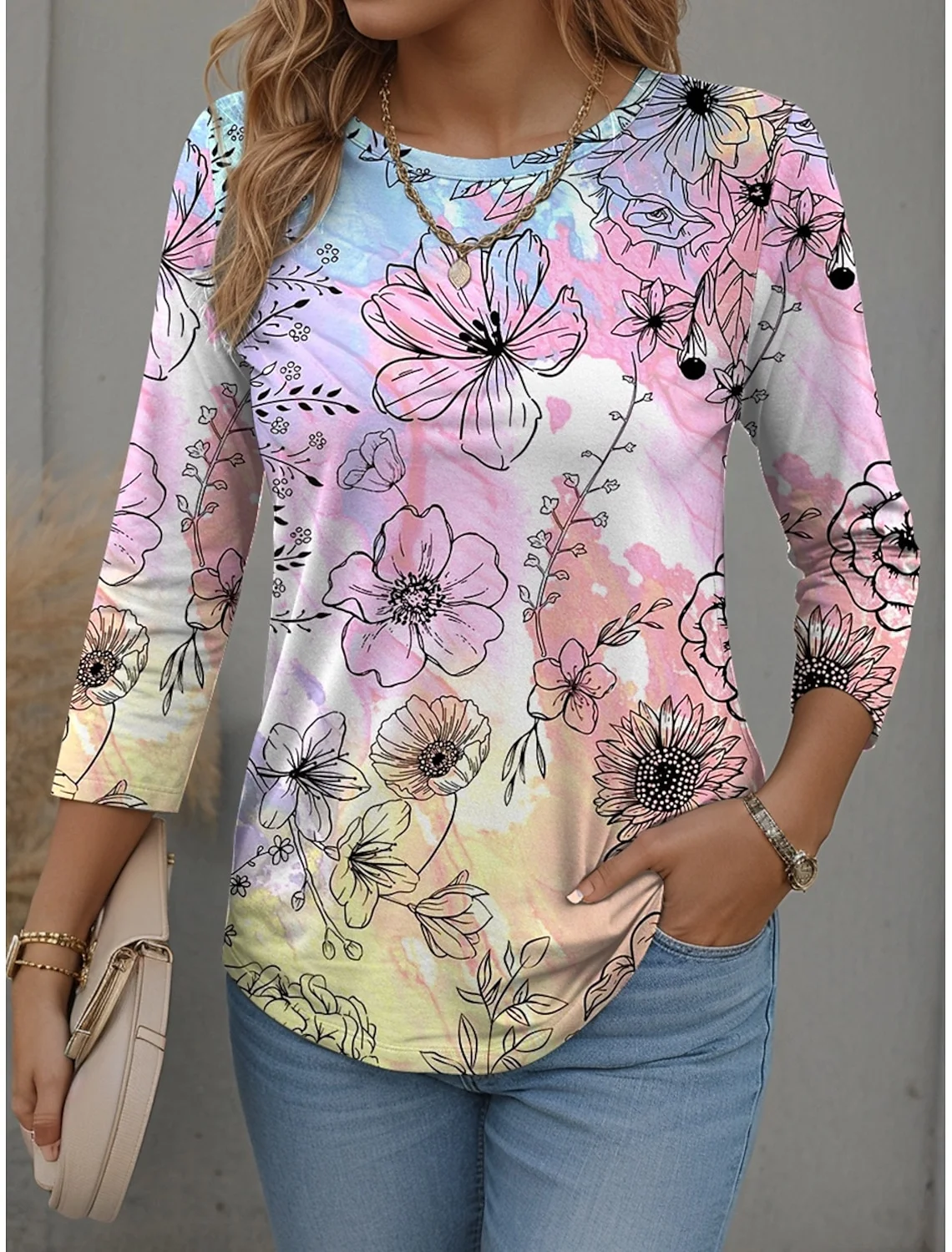 Casual Floral Crew Neck Long Sleeve T-shirt