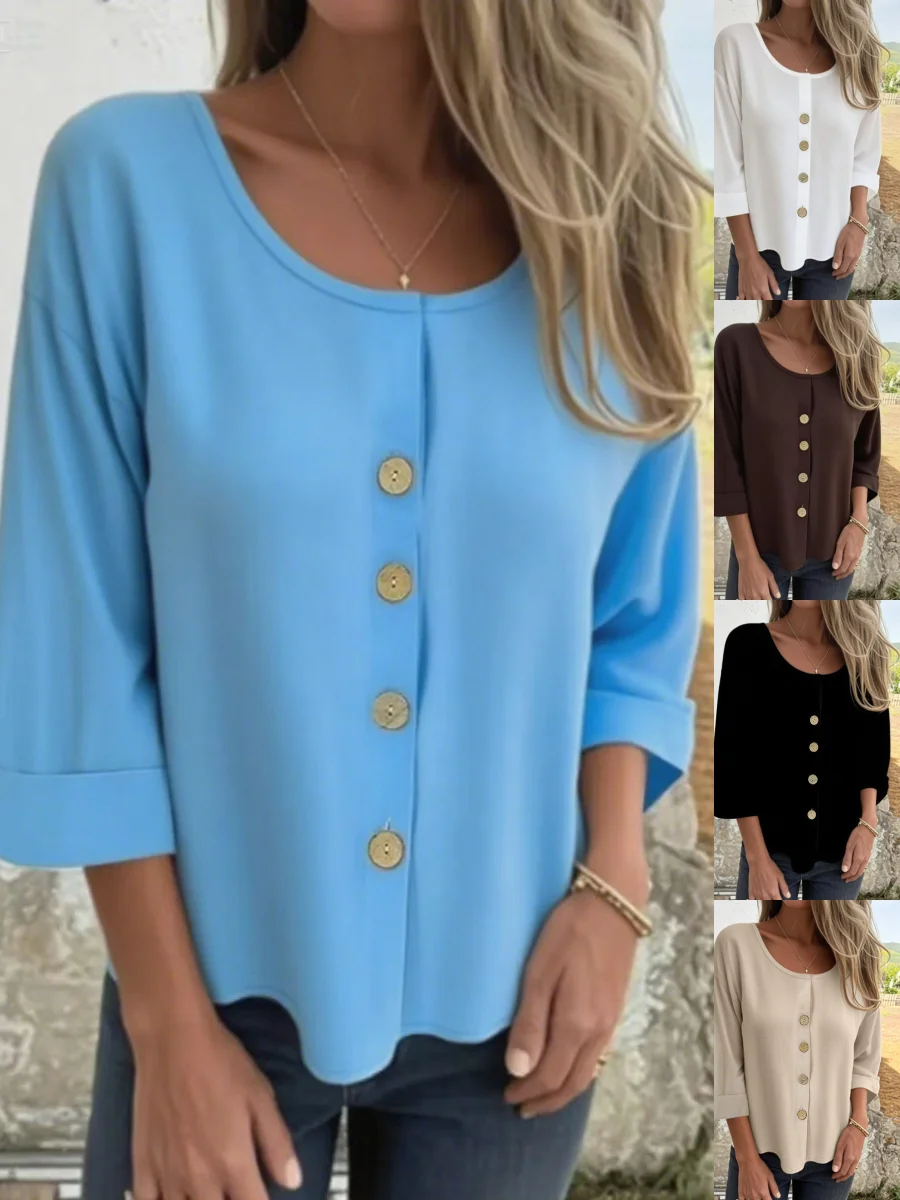 Crew Neck Three Quarter Sleeve Plain Split Joint Regular Micro-Elasticity Loose Shirt For Women