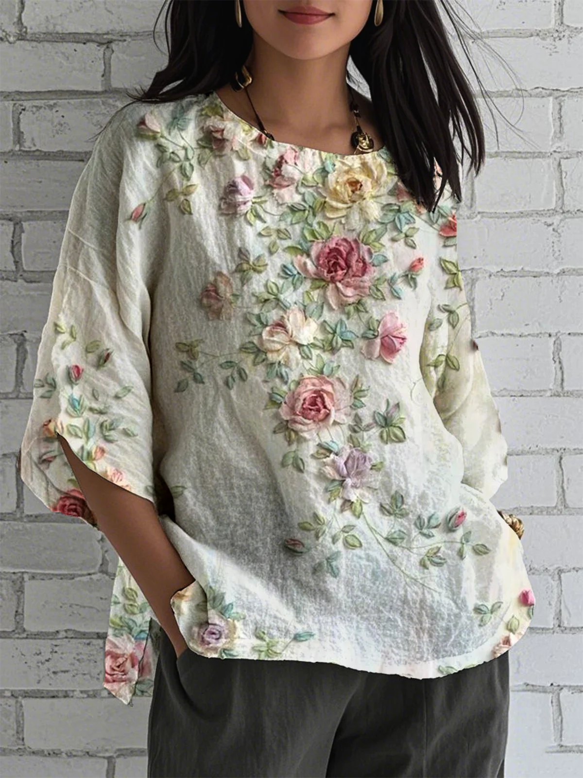 Vintage 3D Printing Crew Neck Half Sleeve T-shirt