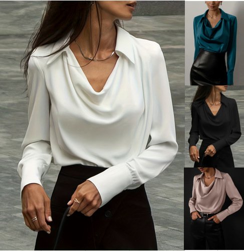 Cowl Neck Long Sleeve Plain Regular Micro-Elasticity Loose Shirt For Women